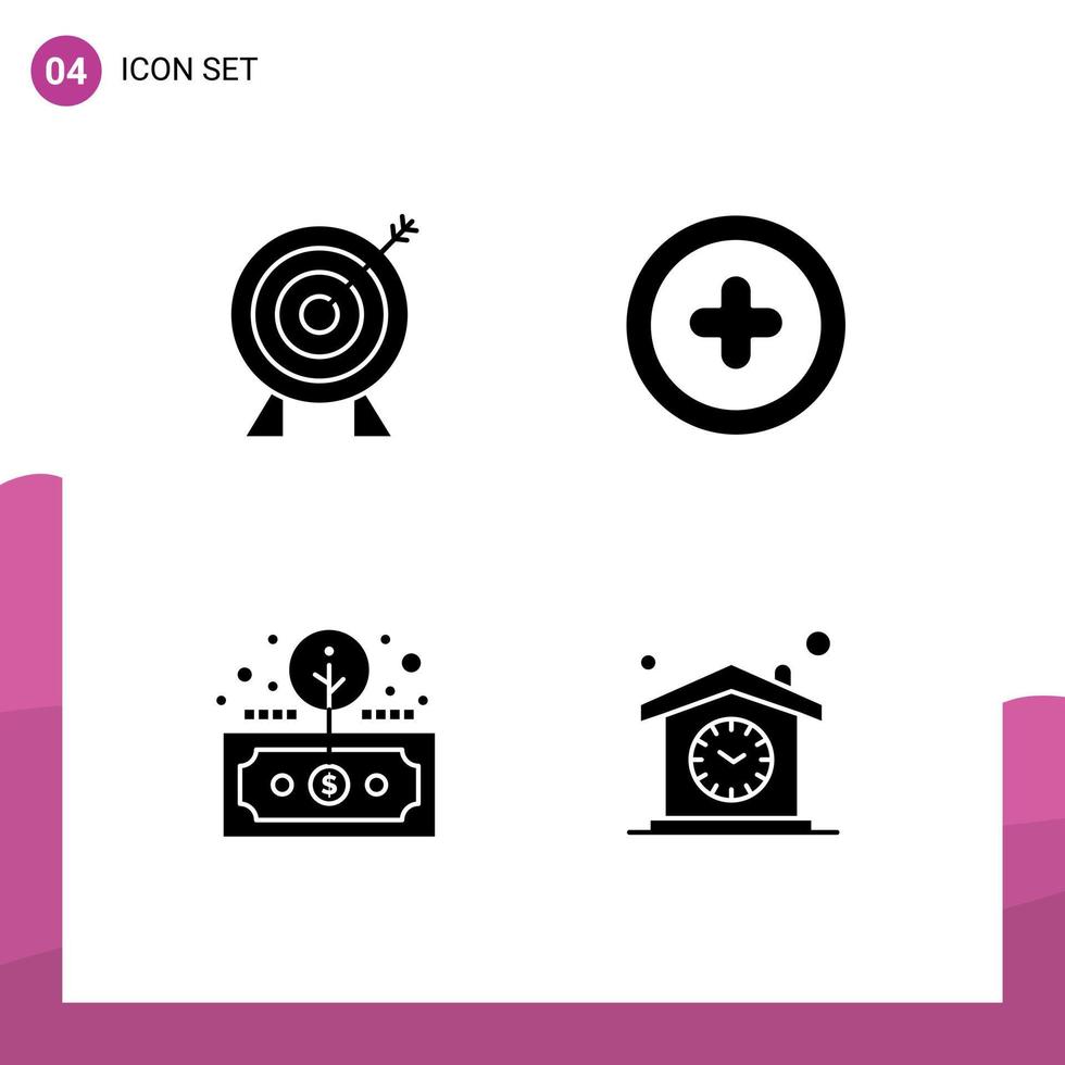 4 Thematic Vector Solid Glyphs and Editable Symbols of target investment money plus roi Editable Vector Design Elements