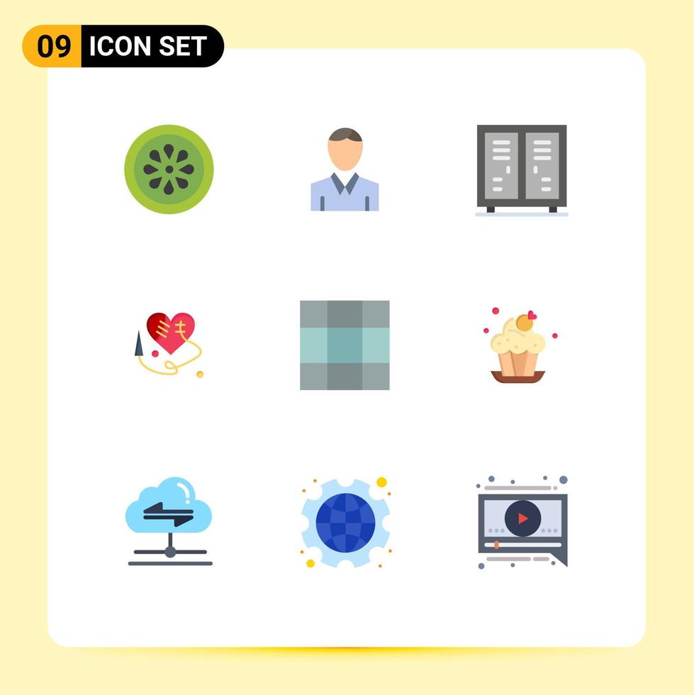 Modern Set of 9 Flat Colors Pictograph of grid broken heart person sewing heart closet Editable Vector Design Elements