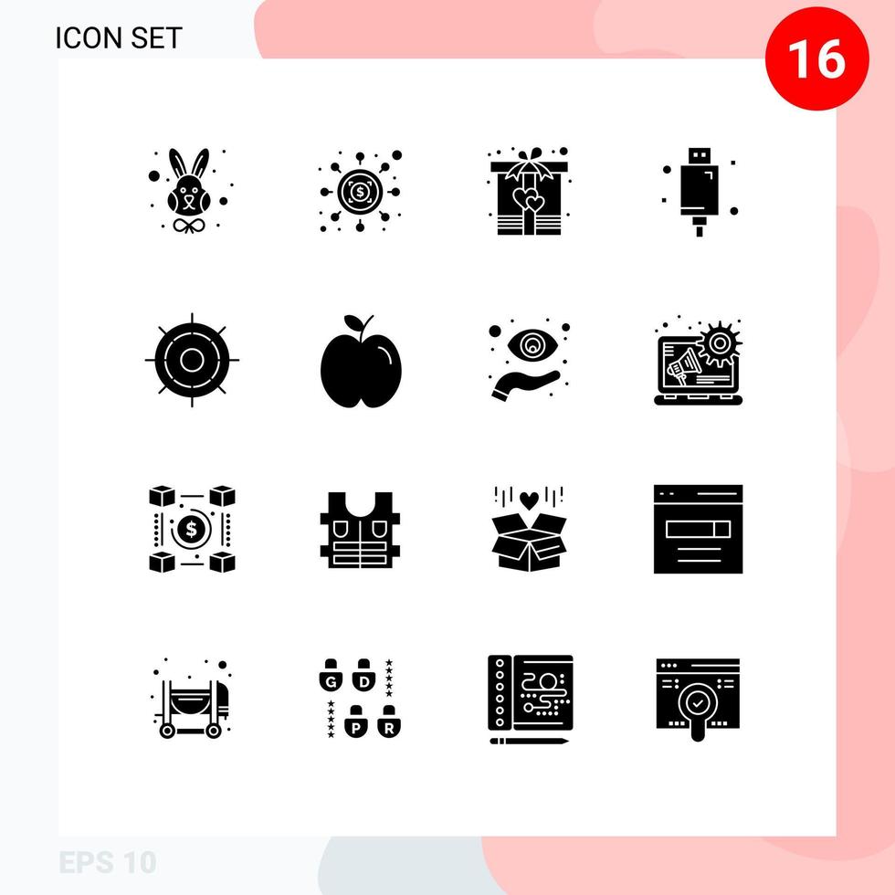 paquete de interfaz de usuario de 16 glifos sólidos básicos de elementos de diseño vectorial editables de cable eléctrico de caja electrónica de barco vector