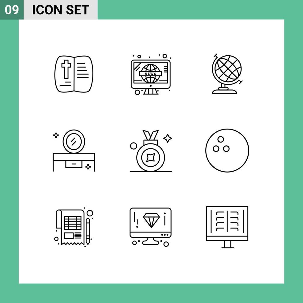 Stock Vector Icon Pack of 9 Line Signs and Symbols for award badge mirror table earth lowboy table beauty table Editable Vector Design Elements