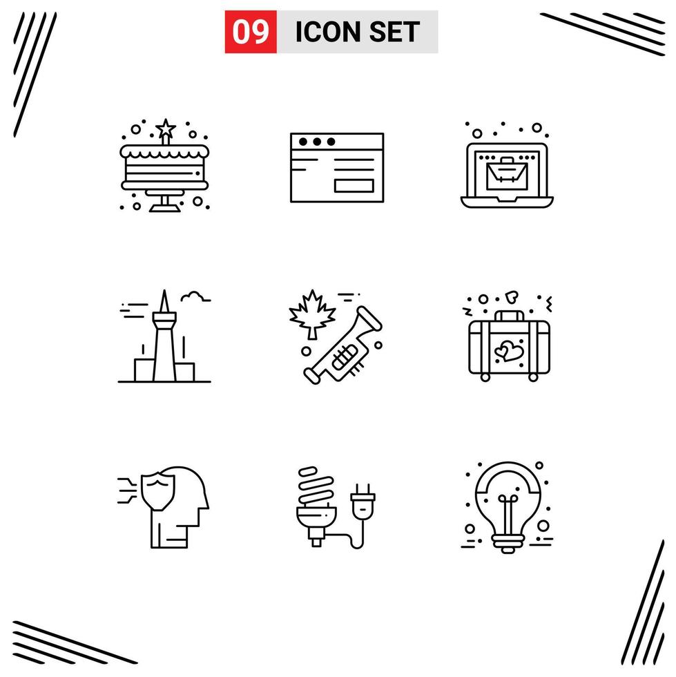 Universal Icon Symbols Group of 9 Modern Outlines of speaker landmark laptop tower buildings Editable Vector Design Elements