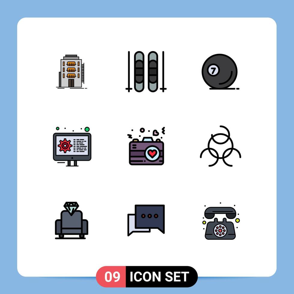 Group of 9 Filledline Flat Colors Signs and Symbols for camera gear game development ball Editable Vector Design Elements