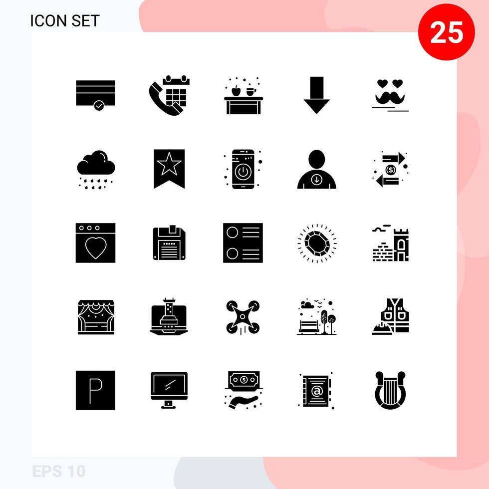 Modern Set of 25 Solid Glyphs and symbols such as celebrate down arrow coffee down apple Editable Vector Design Elements