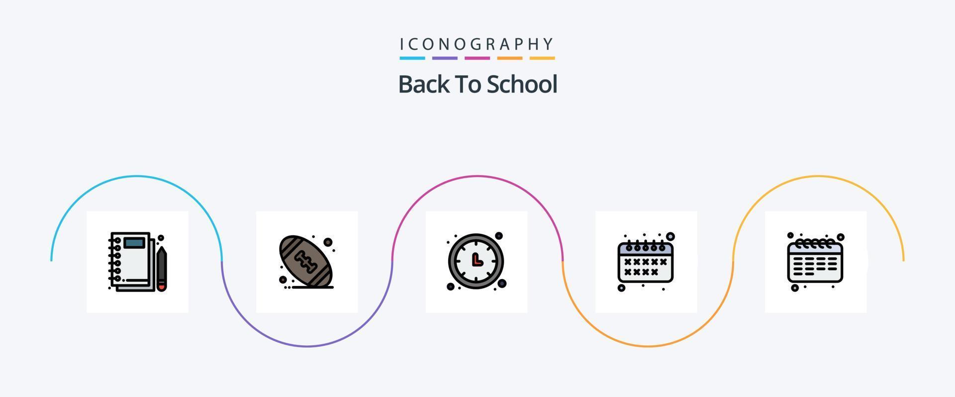 la línea de regreso a la escuela llenó el paquete de iconos planos 5 que incluye educación. calendario. reloj. educación. reloj de pared vector