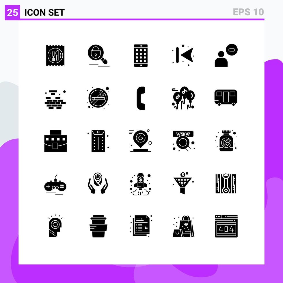 Set of 25 Commercial Solid Glyphs pack for man left application back arrows Editable Vector Design Elements