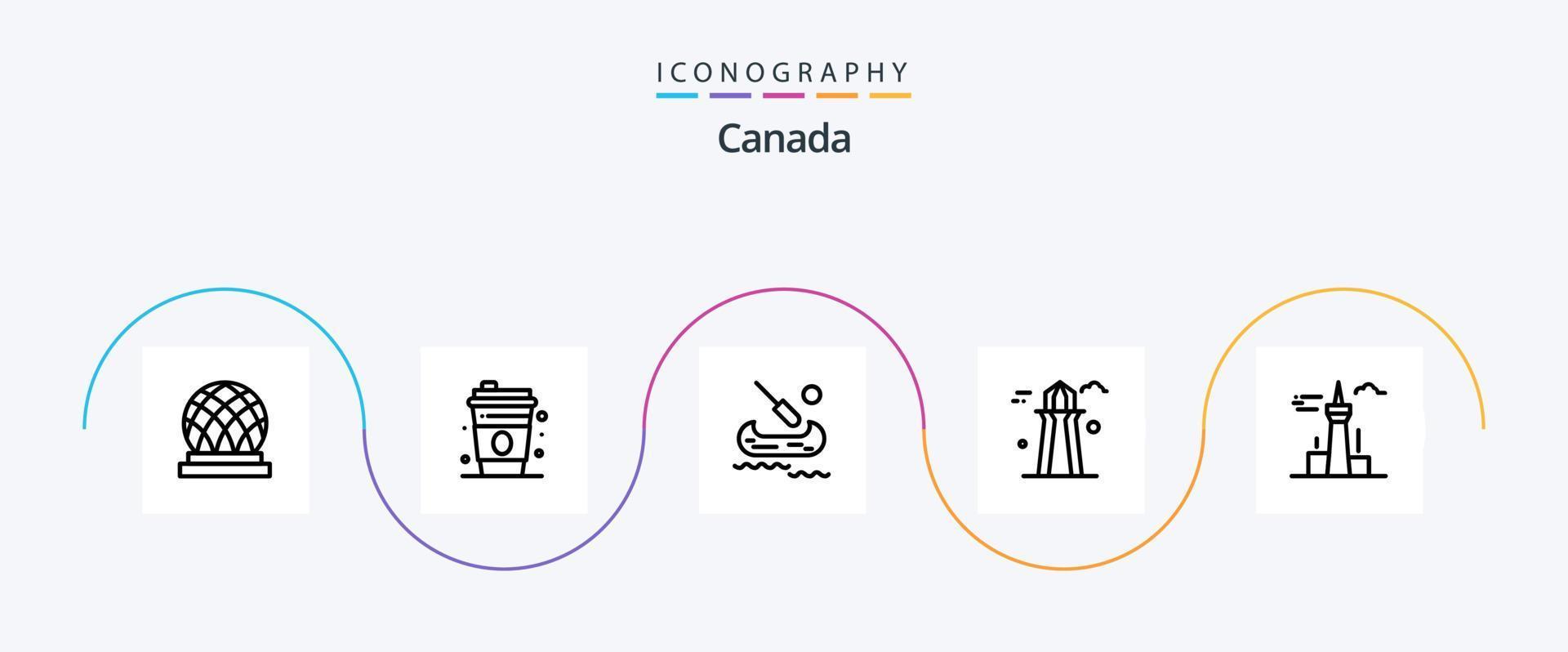 Canada Line 5 Icon Pack Including tower. buildings. kayak. architecture and city. canada tower vector