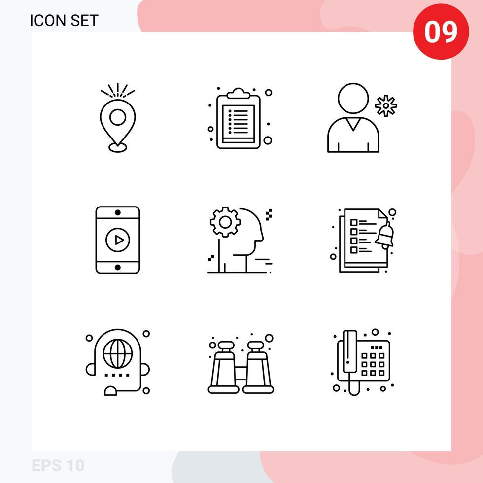 User Interface Pack of 9 Basic Outlines of business brain controls play phone Editable Vector Design Elements