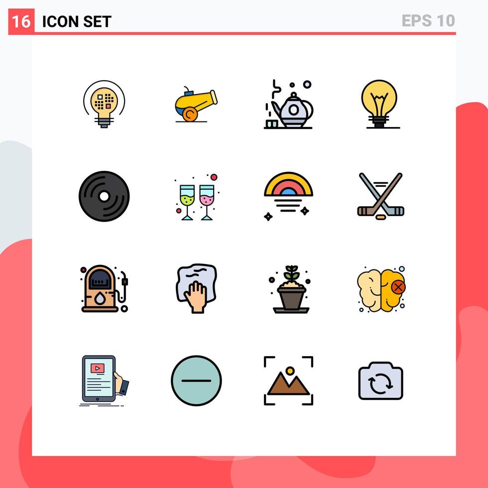 Pictogram Set of 16 Simple Flat Color Filled Lines of pc hardware green tea disc lightbulb Editable Creative Vector Design Elements