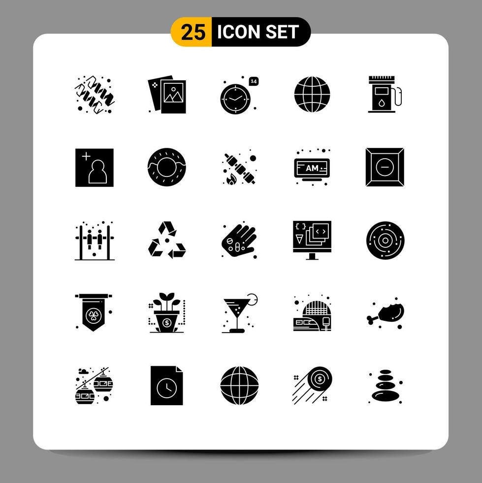 25 Universal Solid Glyphs Set for Web and Mobile Applications gas station world picture globe heart Editable Vector Design Elements