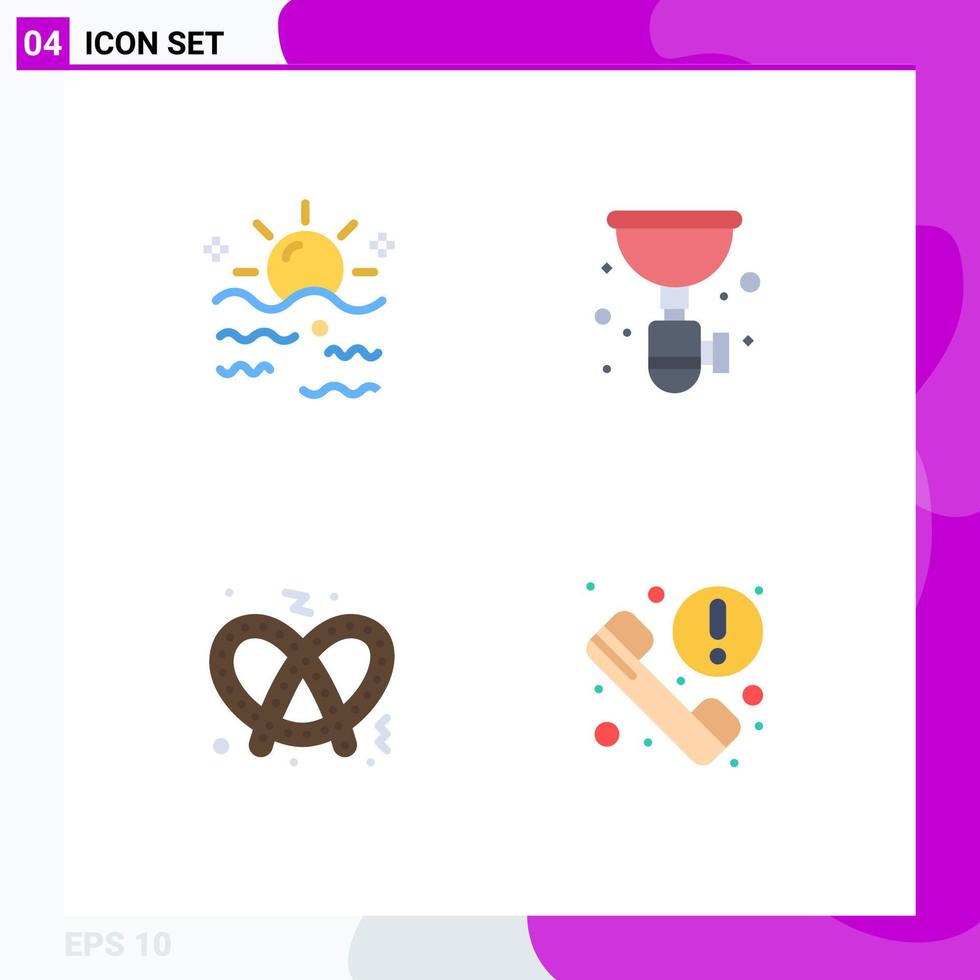 conjunto moderno de 4 iconos y símbolos planos, como sifón de mar, sol, plomero, pretzel, elementos de diseño vectorial editables vector