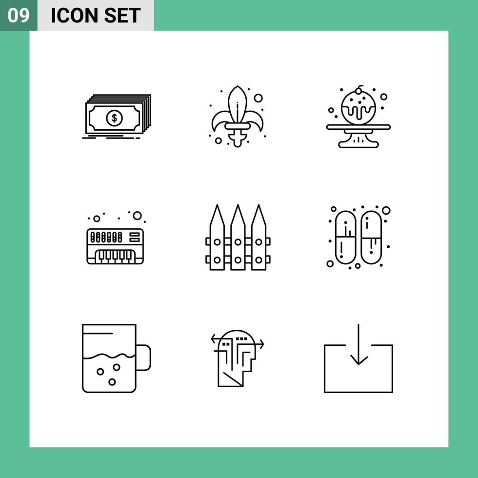 User Interface Pack of 9 Basic Outlines of garden synthesizer sword electronic cake Editable Vector Design Elements