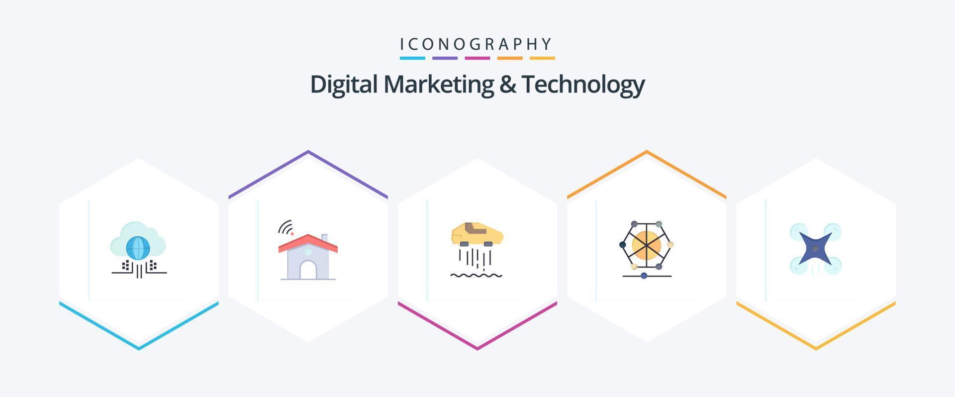 Digital Marketing And Technology 25 Flat icon pack including drone. data. hovercar. language. machine vector