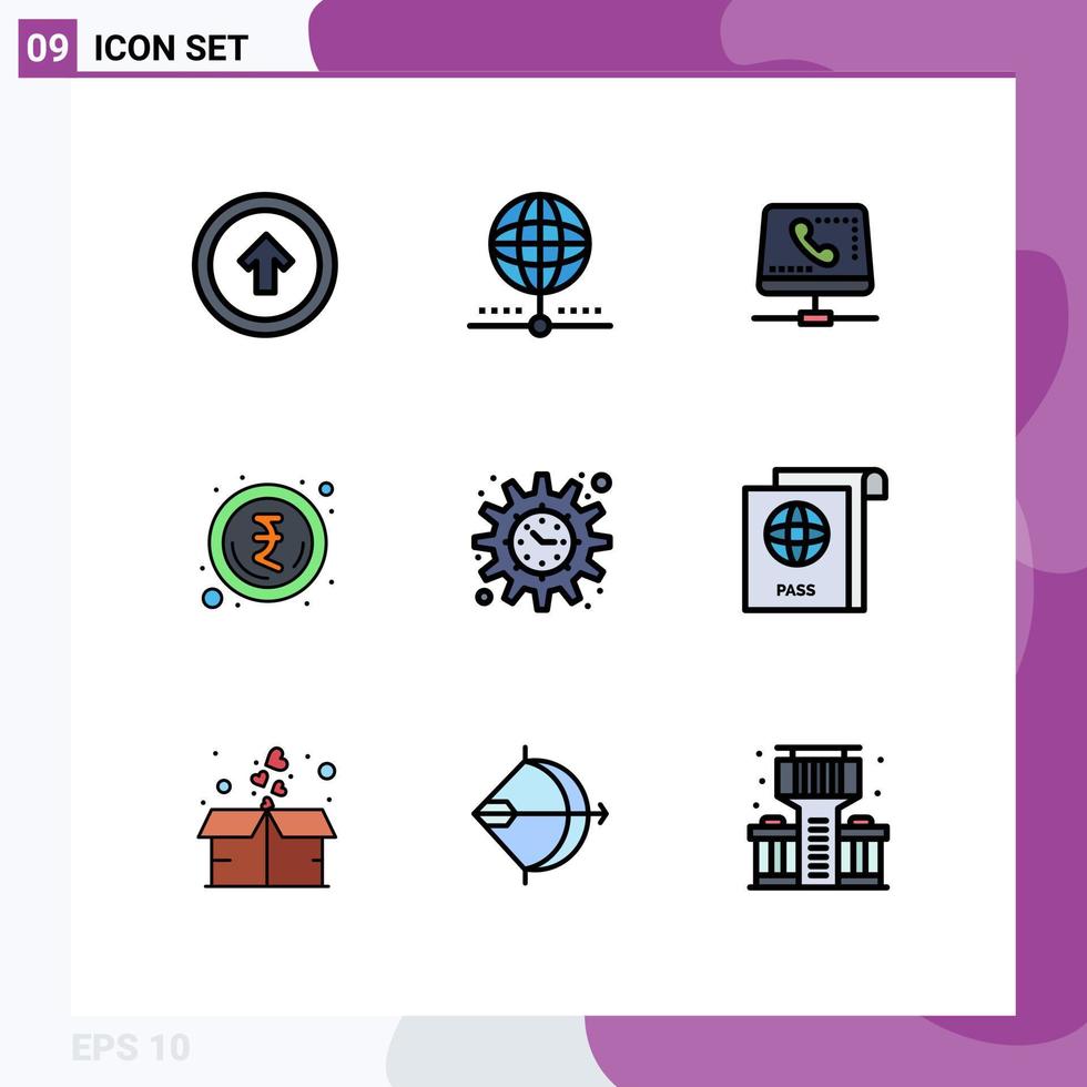 9 User Interface Filledline Flat Color Pack of modern Signs and Symbols of rupee indian global computing help Editable Vector Design Elements