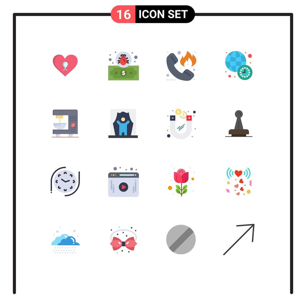 16 Universal Flat Color Signs Symbols of electric world news emergency time clock Editable Pack of Creative Vector Design Elements