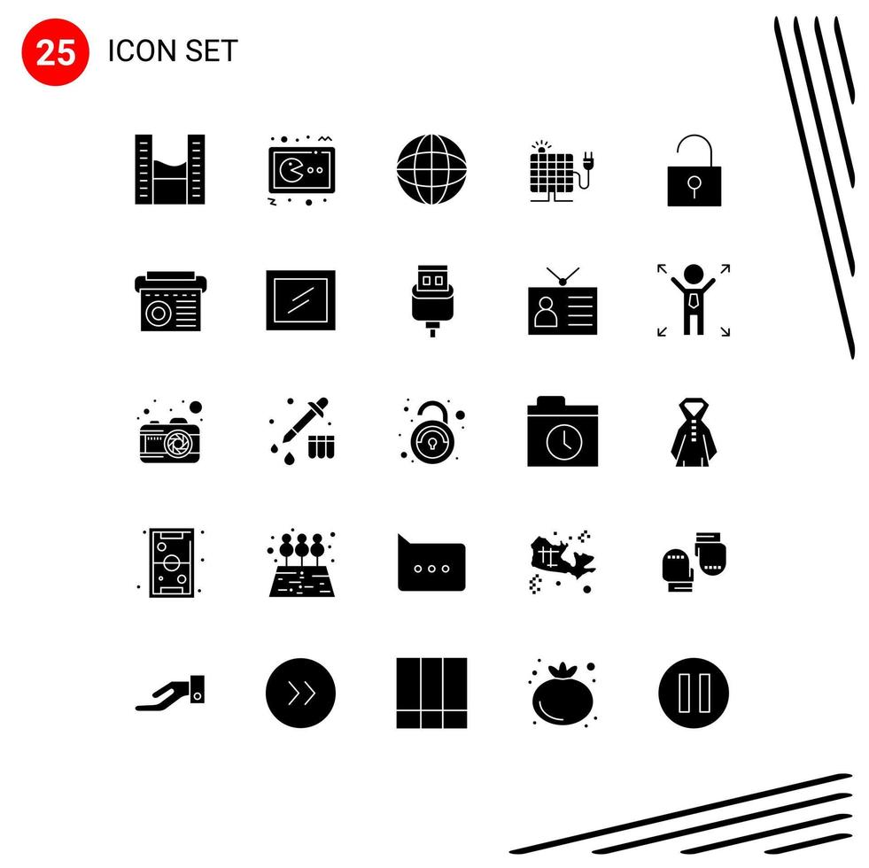 Set of 25 Vector Solid Glyphs on Grid for unlocked plug console sun energy Editable Vector Design Elements