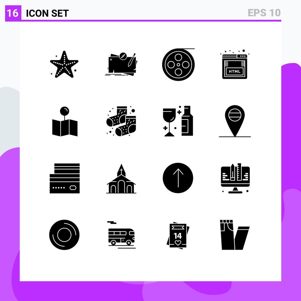 16 User Interface Solid Glyph Pack of modern Signs and Symbols of location seo role html video Editable Vector Design Elements