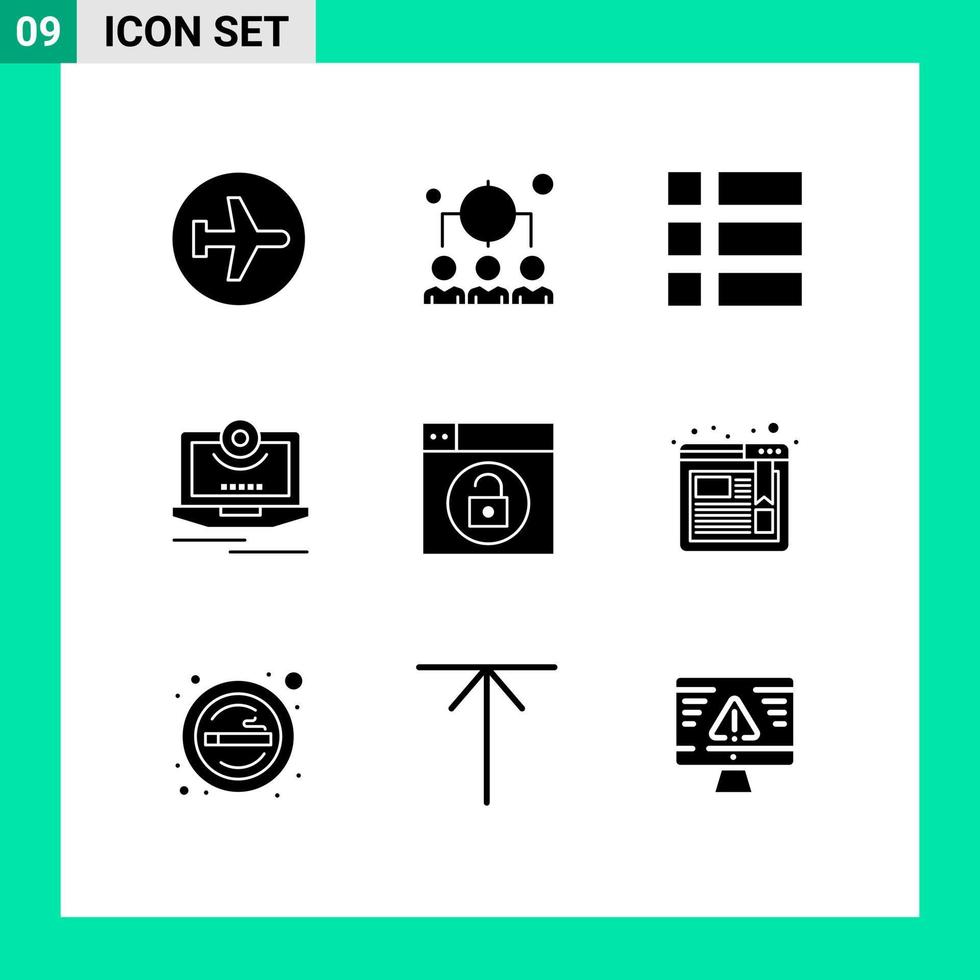 Universal Icon Symbols Group of 9 Modern Solid Glyphs of video computer management camera layout Editable Vector Design Elements