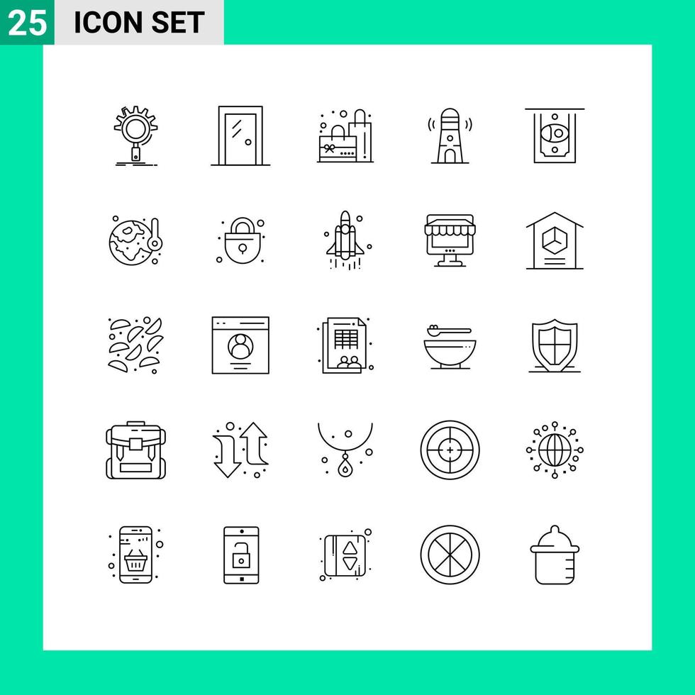 Stock Vector Icon Pack of 25 Line Signs and Symbols for atm lighthouse interior building shopping Editable Vector Design Elements