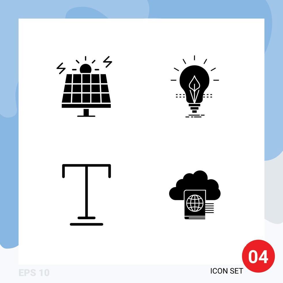 4 conjunto de glifos sólidos universales para aplicaciones web y móviles fuente de energía electricidad solar subrayar elementos de diseño vectorial editables vector