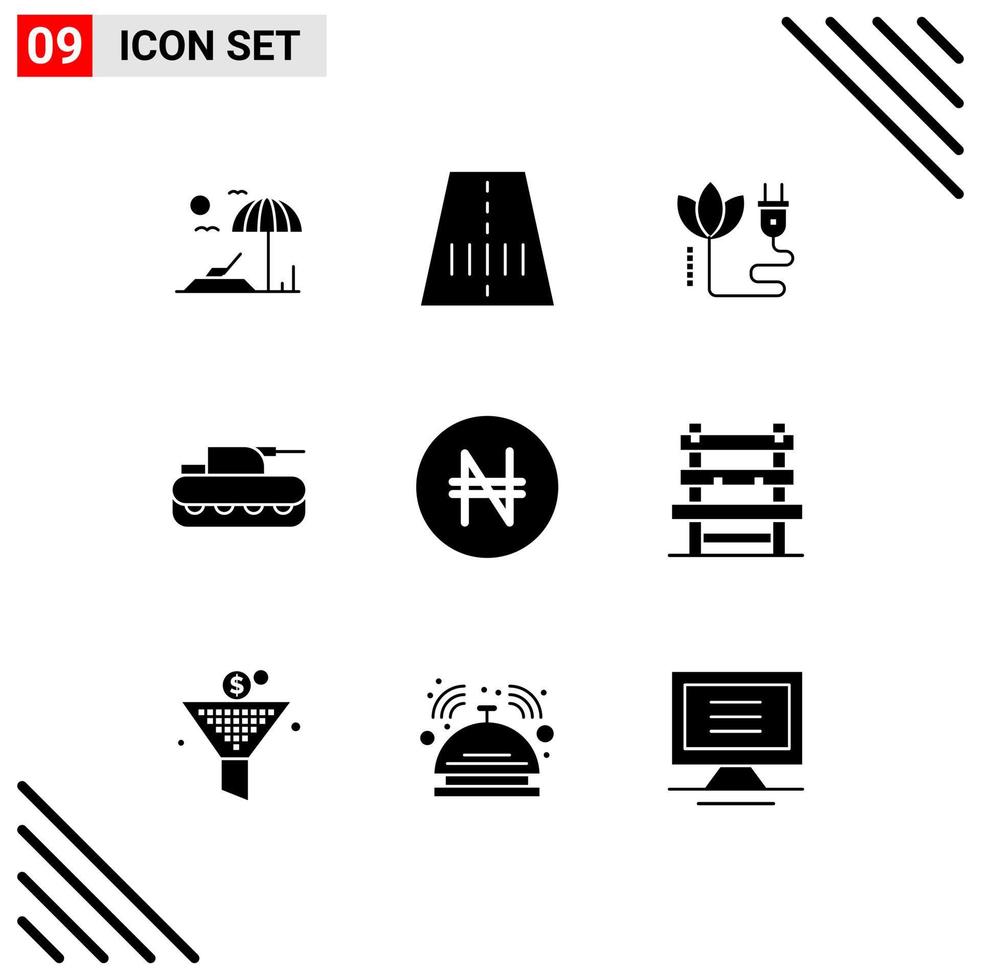 Solid Glyph Pack of 9 Universal Symbols of chair naira cable money panzer Editable Vector Design Elements