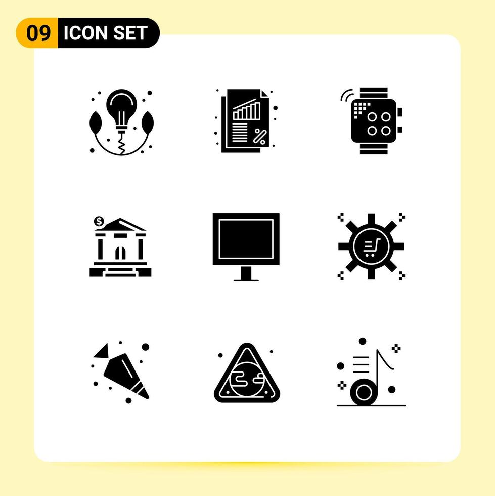 Set of 9 Commercial Solid Glyphs pack for electric estate watch building bank Editable Vector Design Elements