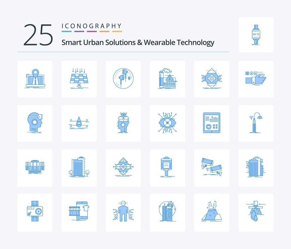 Smart Urban Solutions And Wearable Technology 25 Blue Color icon pack including air. pollution. technology. music. phone vector