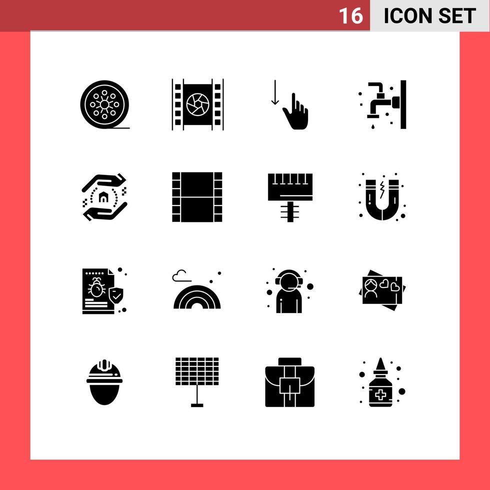 Universal Icon Symbols Group of 16 Modern Solid Glyphs of faucet bathroom multimedia bath gestures Editable Vector Design Elements