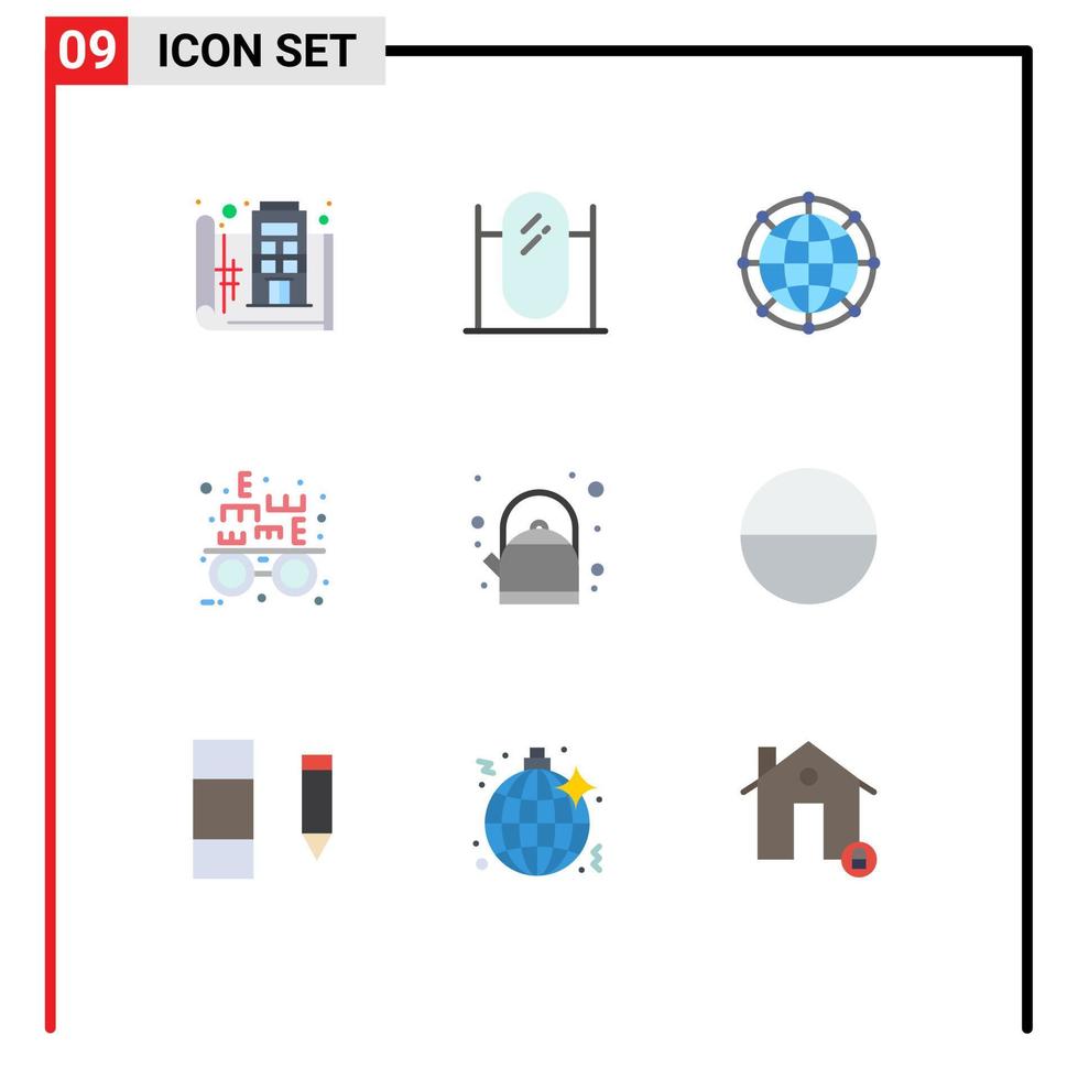 Pictogram Set of 9 Simple Flat Colors of breakfast optometrist mirror eye test network Editable Vector Design Elements