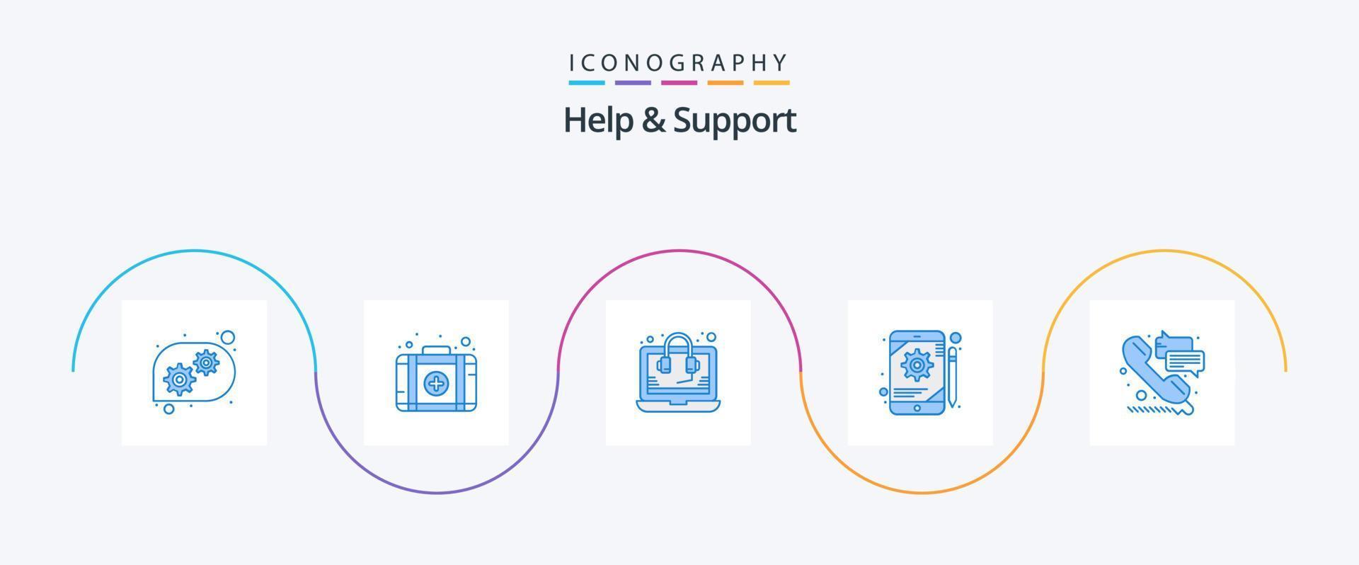 Help And Support Blue 5 Icon Pack Including call. phone. seo. help. gear vector