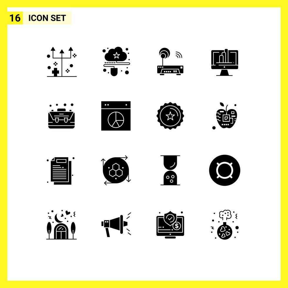 Group of 16 Modern Solid Glyphs Set for graph monitor mouse computer router Editable Vector Design Elements