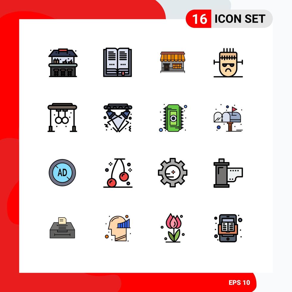 User Interface Pack of 16 Basic Flat Color Filled Lines of gym rings market mask horror Editable Creative Vector Design Elements