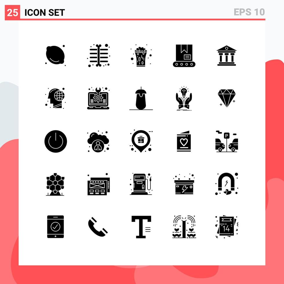 Group of 25 Modern Solid Glyphs Set for money bank glass crane bulldozer Editable Vector Design Elements