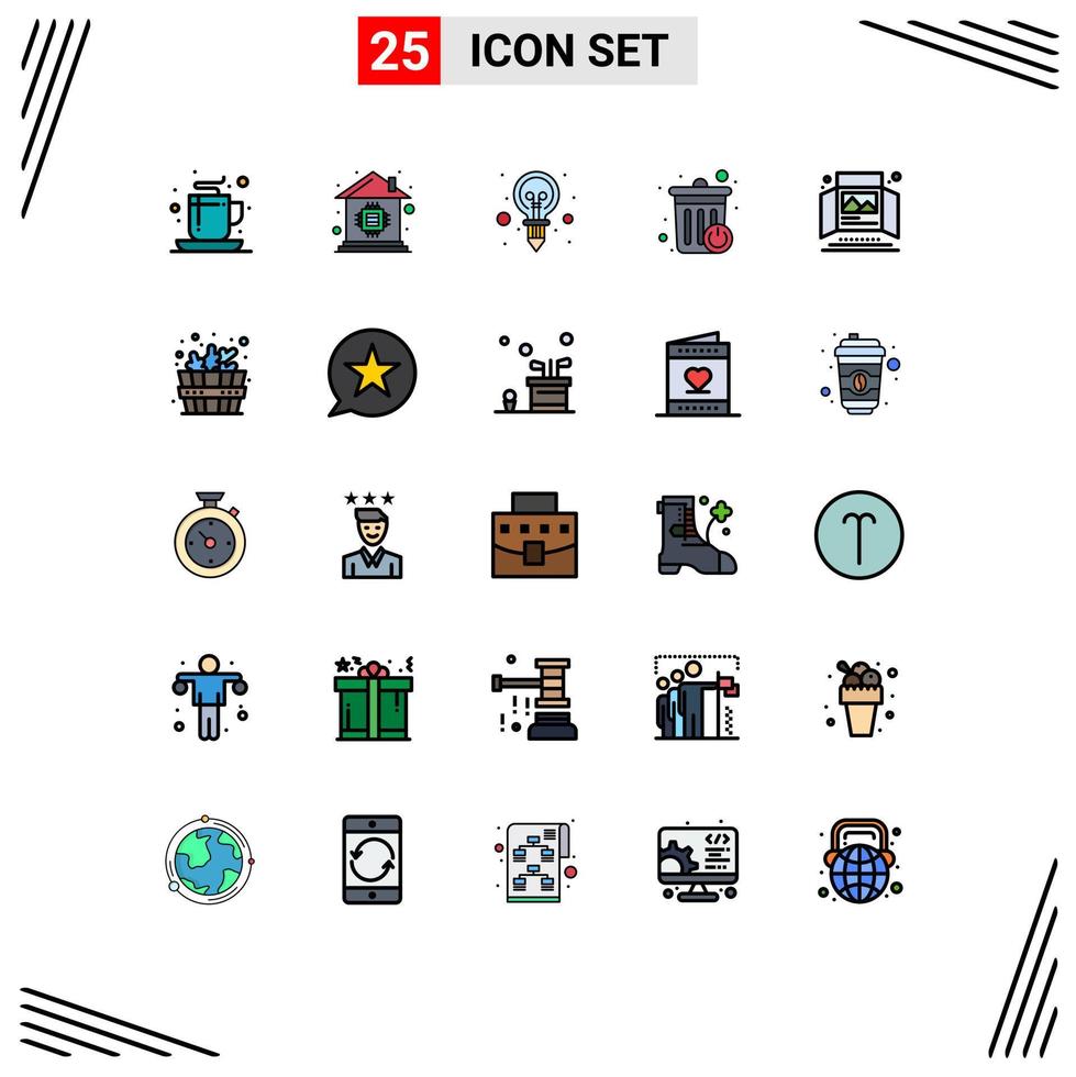 Pack of 25 Modern Filled line Flat Colors Signs and Symbols for Web Print Media such as print ad bulb recycle bin smart dustbin Editable Vector Design Elements