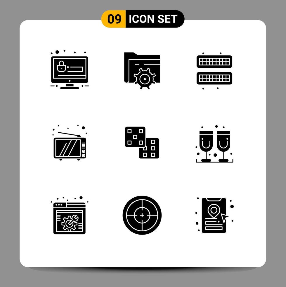 Pack of 9 creative Solid Glyphs of gaming device cold tv retro Editable Vector Design Elements