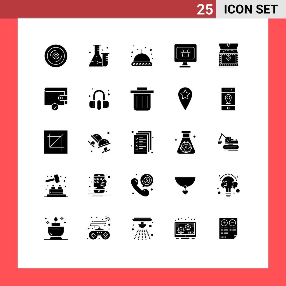 Pack of 25 creative Solid Glyphs of reward chest astronomy box business Editable Vector Design Elements