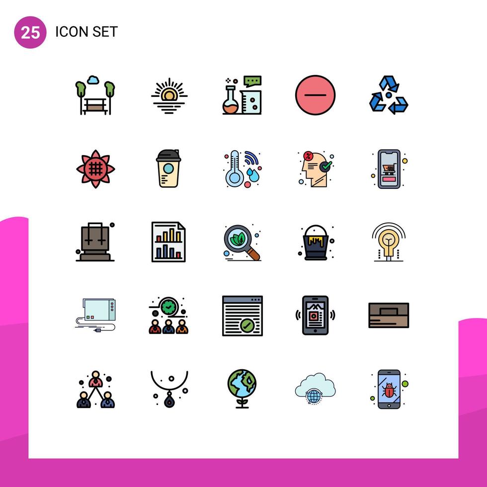 Filled line Flat Color Pack of 25 Universal Symbols of ecology multimedia chemistry lab media player remove Editable Vector Design Elements