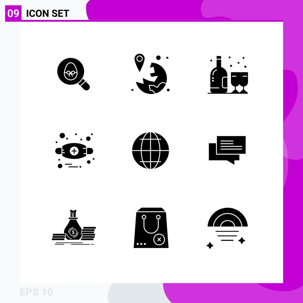 Group of 9 Modern Solid Glyphs Set for globe anaphylaxis navigation allergy bottle Editable Vector Design Elements