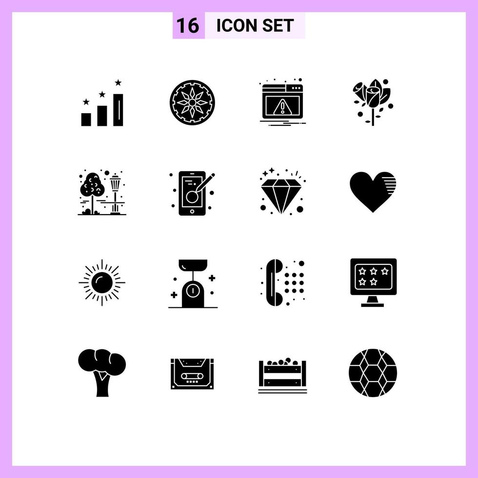 Group of 16 Solid Glyphs Signs and Symbols for cityscape tree alert wedding love Editable Vector Design Elements