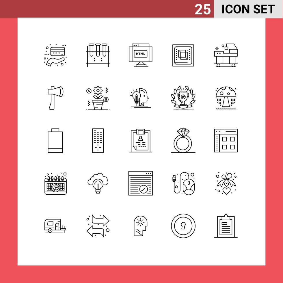 User Interface Pack of 25 Basic Lines of bed hardware code cpu chip Editable Vector Design Elements