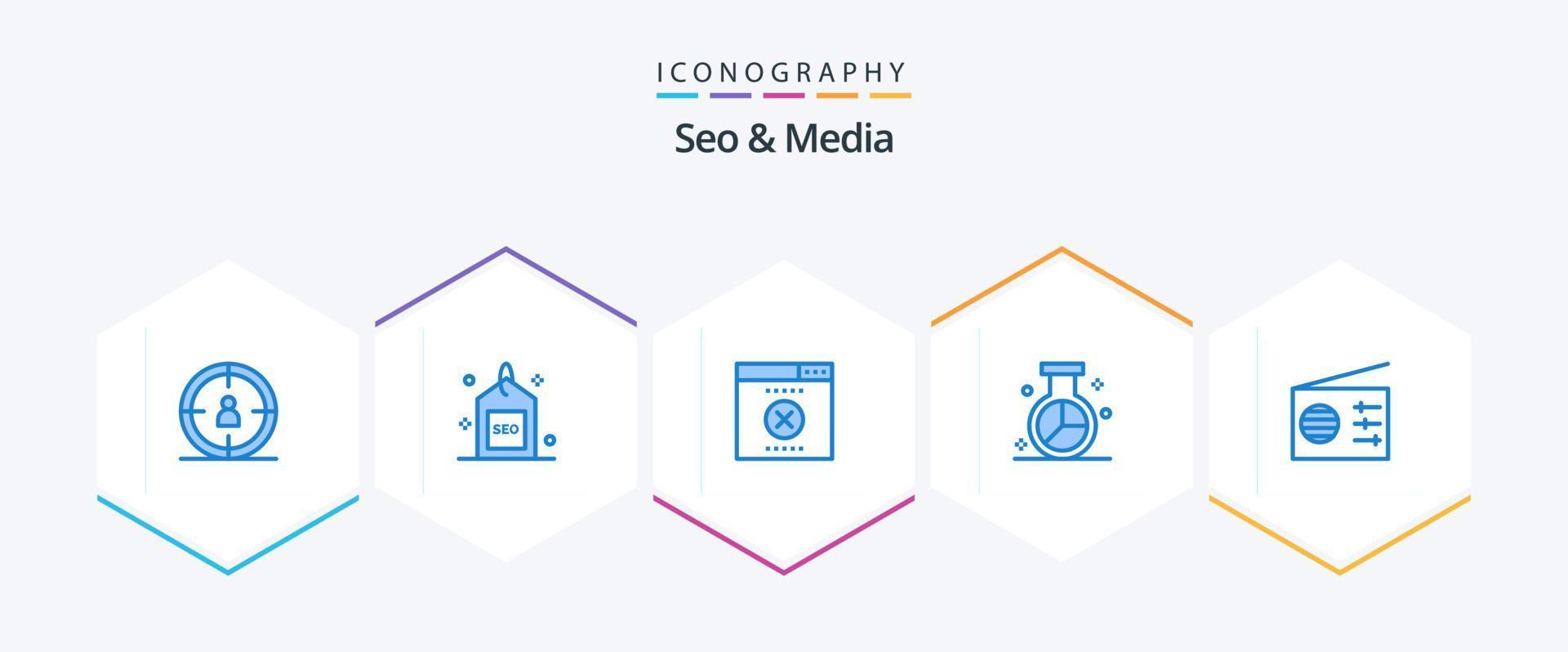 seo y media 25 paquete de iconos azules que incluye radio. investigar. error. mejoramiento. mercado vector