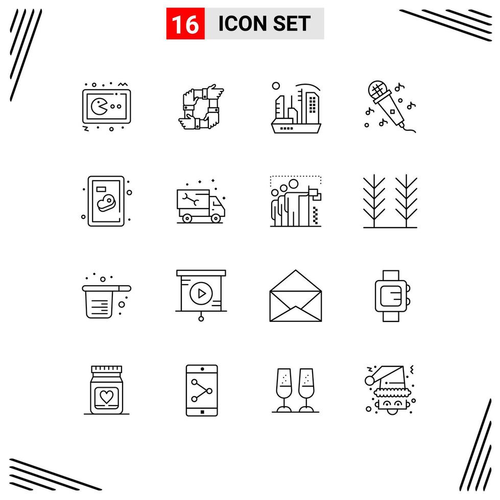 Mobile Interface Outline Set of 16 Pictograms of microphone expansion hands dome colonization Editable Vector Design Elements