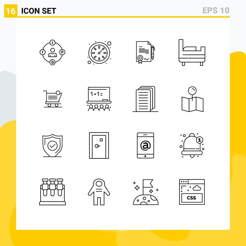 16 Universal Outlines Set for Web and Mobile Applications item shopping agrement cart bed Editable Vector Design Elements