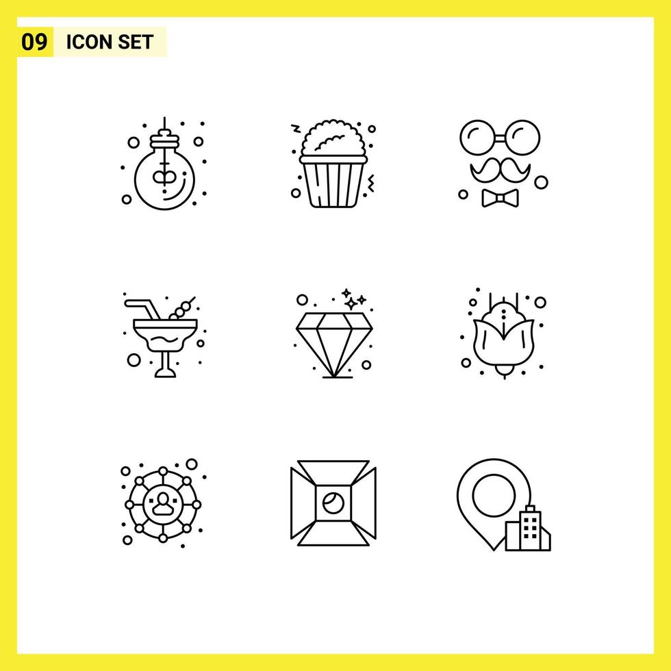 Editable Vector Line Pack of 9 Simple Outlines of diamond wine avatar romance love Editable Vector Design Elements