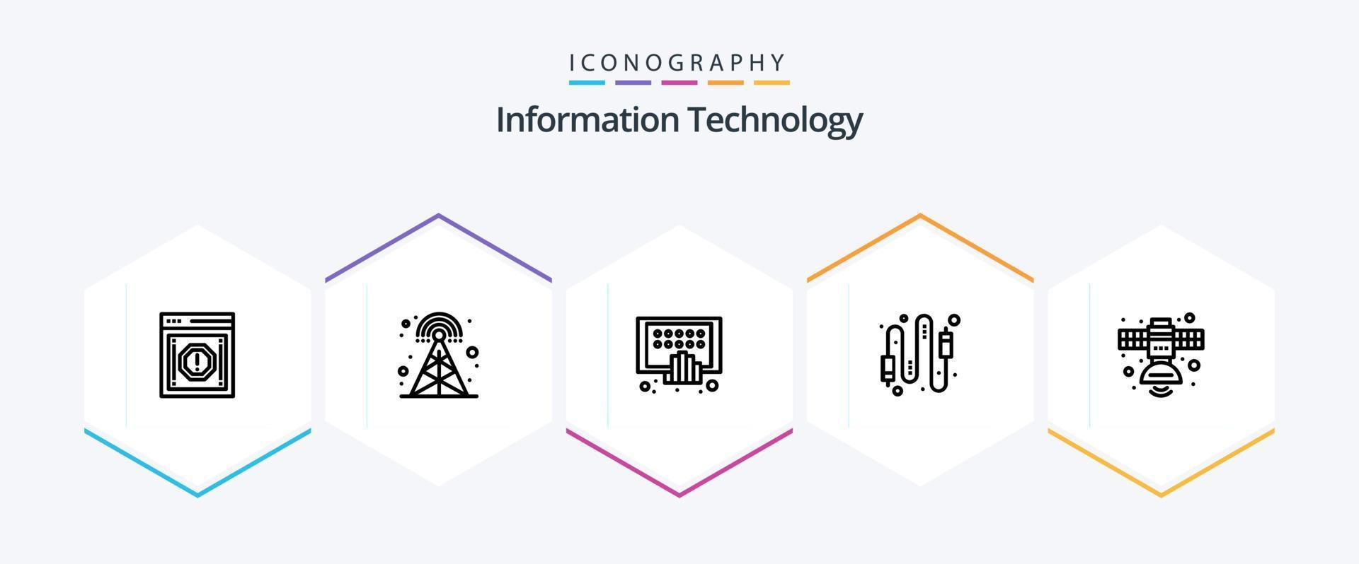 Information Technology 25 Line icon pack including connection. cable. tower. audio. phone vector