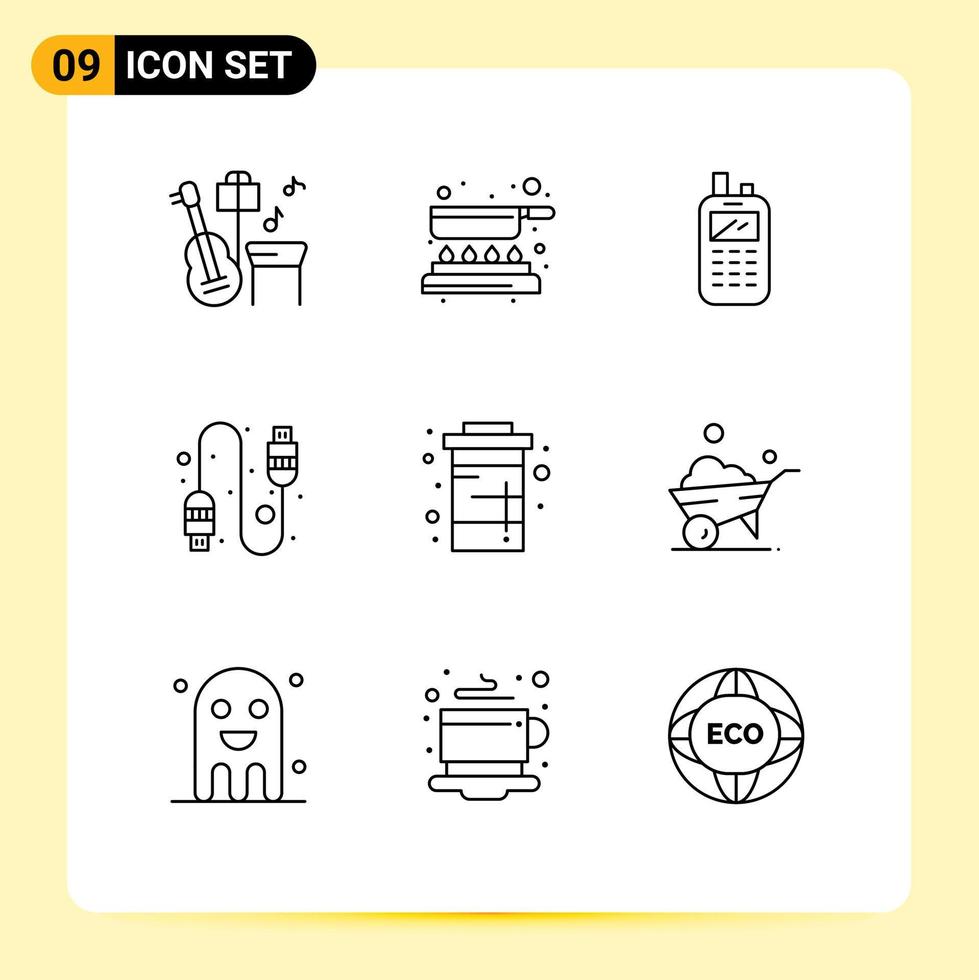 Editable Vector Line Pack of 9 Simple Outlines of soda diet radio coke connection Editable Vector Design Elements