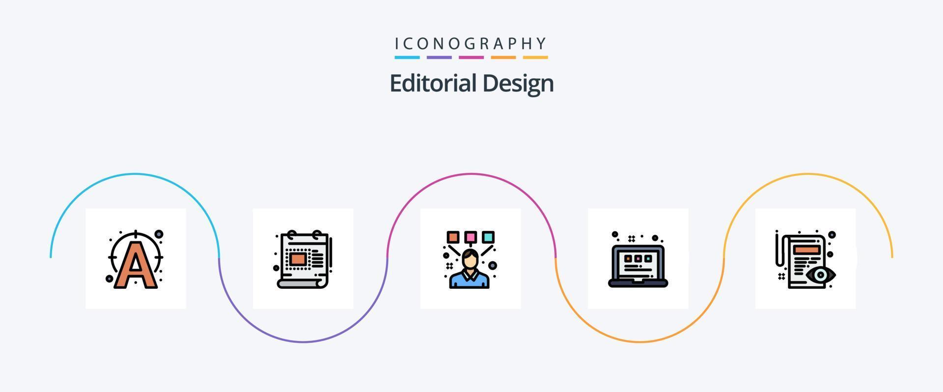 la línea de diseño editorial llenó el paquete de iconos planos 5 que incluye editar. ordenador portátil. diseño. vista. red vector