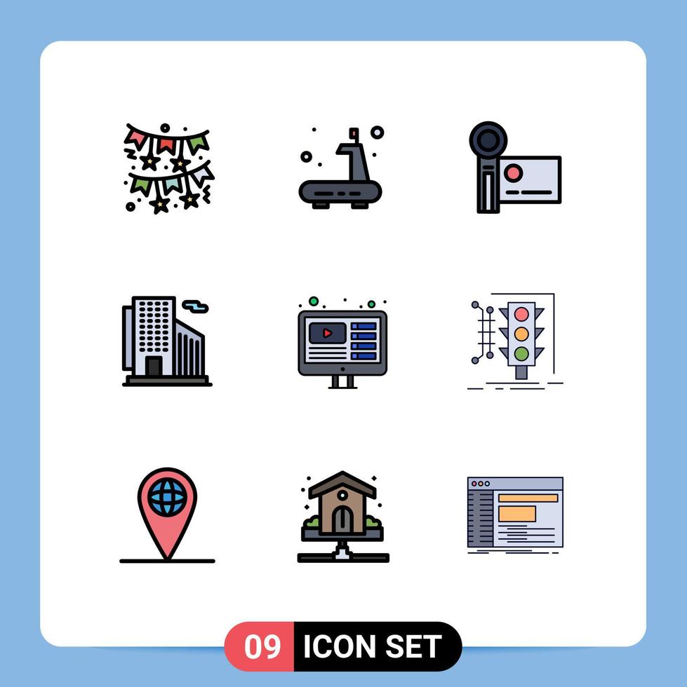 paquete de 9 signos y símbolos modernos de colores planos de línea rellena para medios de impresión web, como diseño de videocámara de rascacielos, cámara de video de oficina, elementos de diseño de vectores editables