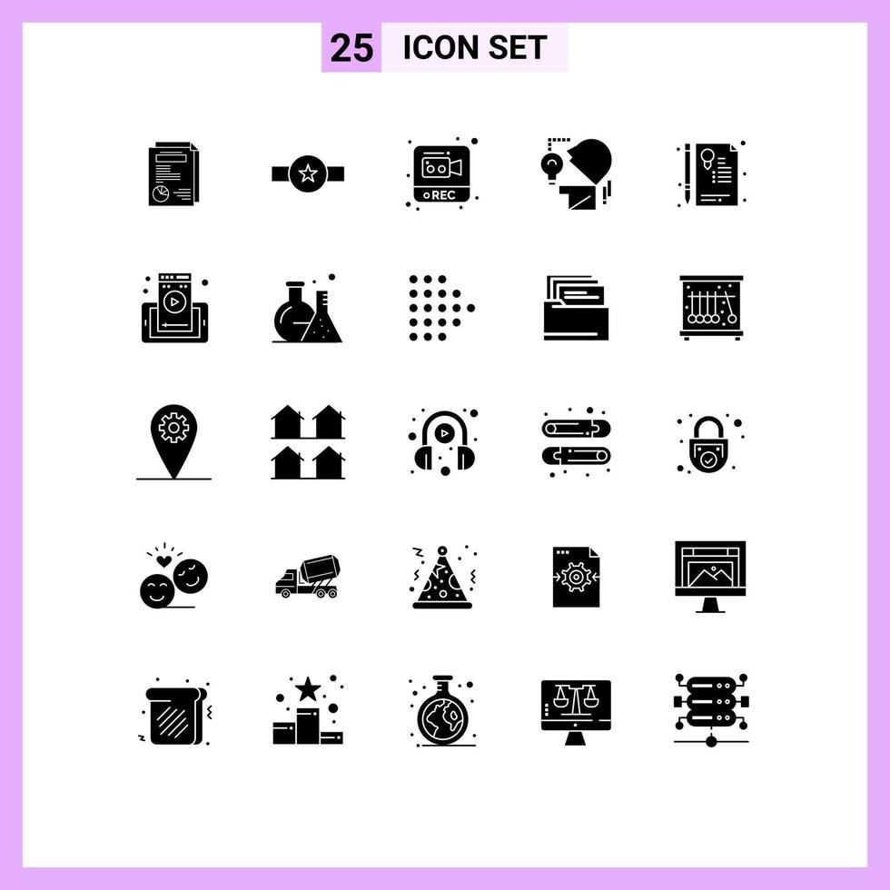 25 Universal Solid Glyphs Set for Web and Mobile Applications certificate head star mind video Editable Vector Design Elements