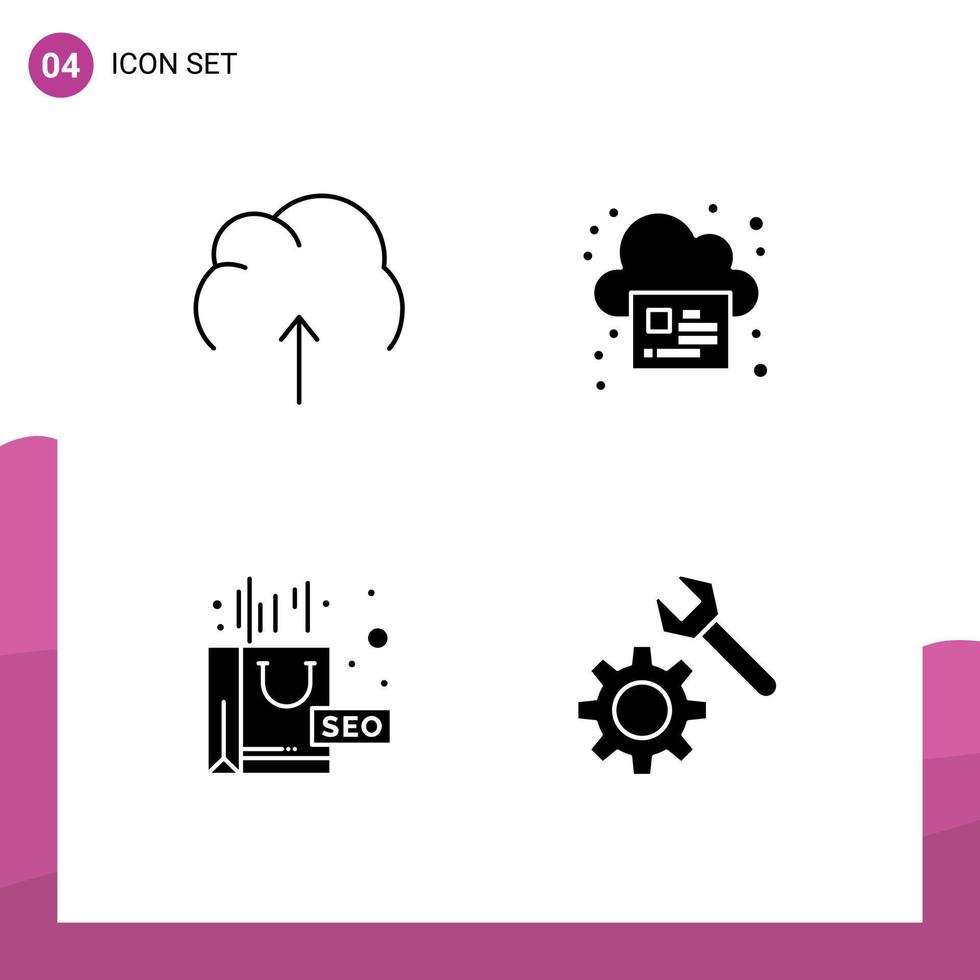 4 Thematic Vector Solid Glyphs and Editable Symbols of cloud complex server page seo Editable Vector Design Elements