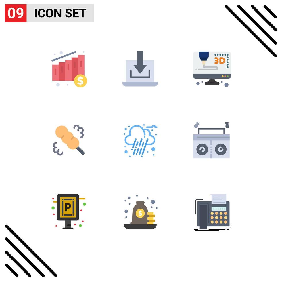 9 Thematic Vector Flat Colors and Editable Symbols of radio music computer rain autumn Editable Vector Design Elements